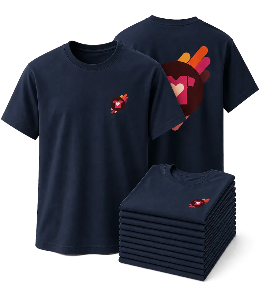 Pack de diez remeras personalizadas azul marino con logo al frente y estampa grande en la espalda