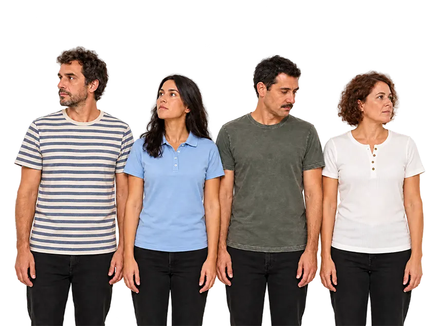 Cuatro personas con remeras distintas, sin uniformar