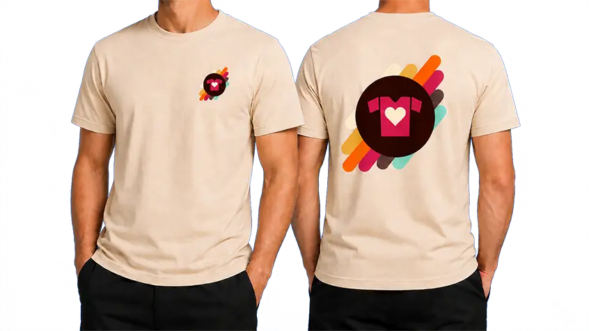 Vista frontal y trasera de una remera con logo chico adelante y grande en la espalda